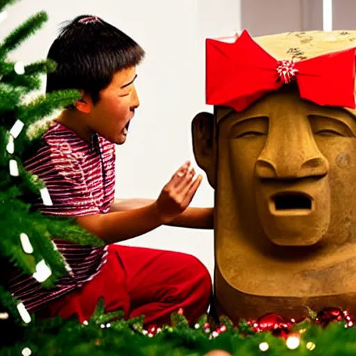 Image similar to a kid at christmas disappointed and crying looking a giant moai statue, his hands buried in his face, sitting down | inside of a house next to a christmas tree, large opened present box next to the moai