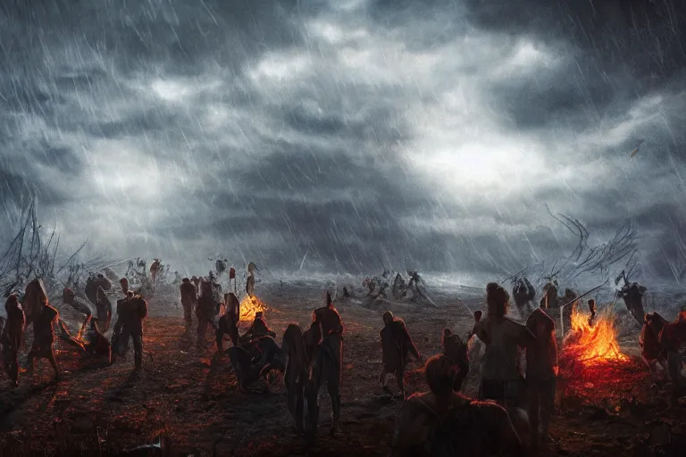 Image similar to the most amazing dream you ever had about bonfire party under rain, nature with eerie dark cloud,, hyper realistic, ambient lighting, concept art, intricate, hyper detailed, smooth, dynamic volumetric lighting, octane, cinematic