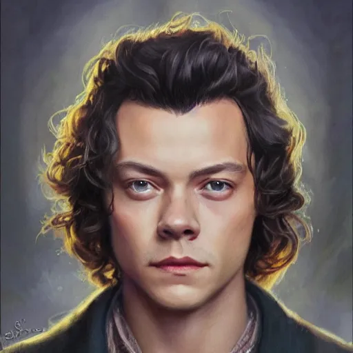 Image similar to the harry styles as a realistic d & d fantasy character, closeup portrait art by donato giancola and greg rutkowski, vintage retro, realistic face, digital art, trending on artstation, symmetry!!