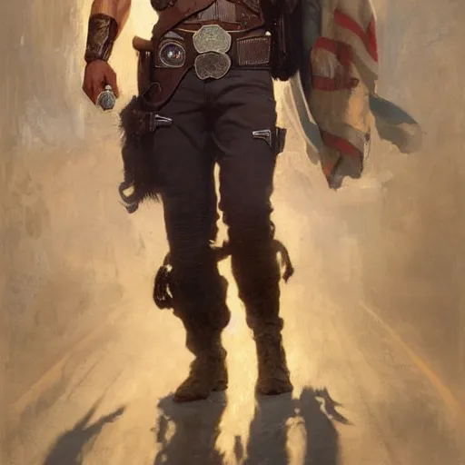 Image similar to handsome portrait of young mccree posing with glistening muscles, war hero, toned, radiant light, caustics, by gaston bussiere, bayard wu, greg rutkowski, giger, maxim verehin, alex grey