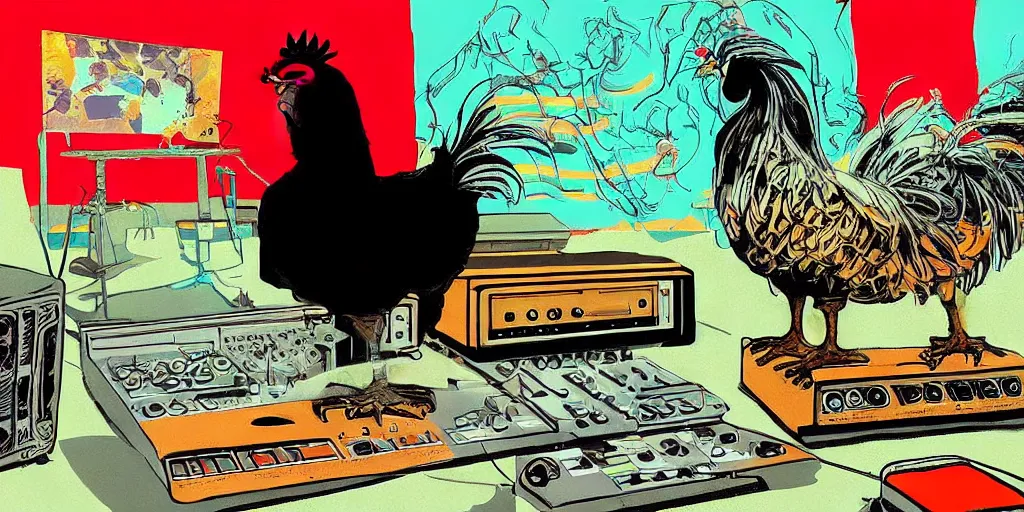 Image similar to 'black rooster'!!! smoking 'cannabis'!!!!!! in front of 'audio console'!!!! and 'multi monitors and projectors'!!!! 'in a hi-tech tv broadcasting studio with red camera rig'!!!!, artwork by James Gilleard