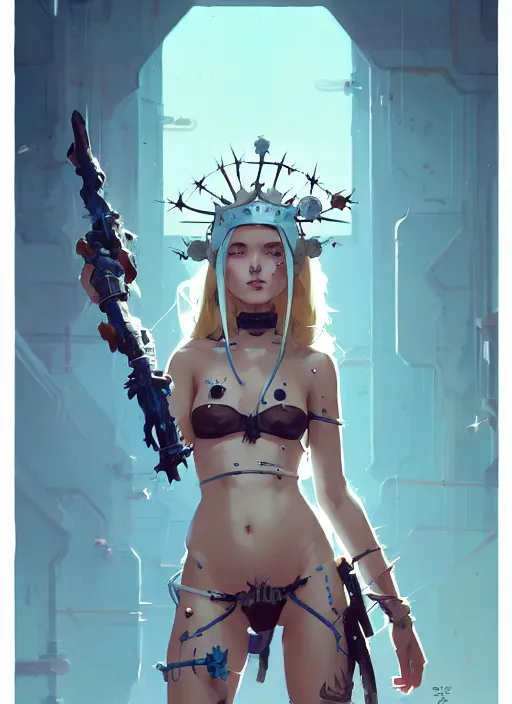 Image similar to portrait of cute maiden girl with crown of thorns in cyber bikini armor, warhammer, cyberpunk, by atey ghailan, by greg rutkowski, by greg tocchini, by james gilleard, by joe fenton, by kaethe butcher, dynamic lighting, gradient light blue, brown, blonde cream and white color in scheme, grunge aesthetic