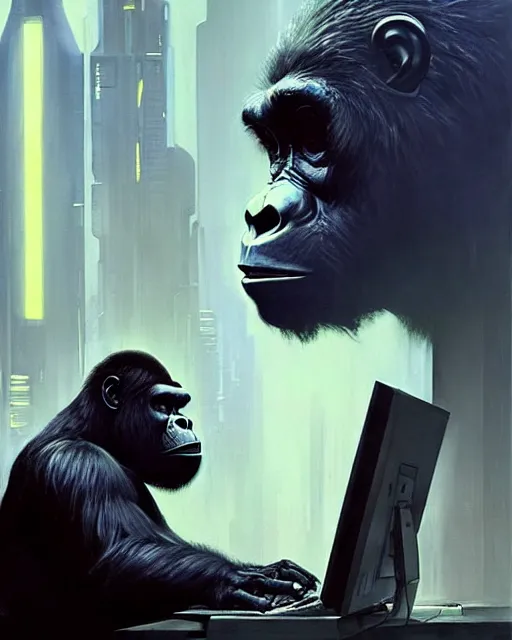 Image similar to cyberpunk gorilla at the computer. sci - fi art by greg rutkowski, gustave courbet, rosa bonheur, edward hopper. faithfully depicted facial expression, perfect anatomy, sharp focus, global illumination, radiant light, detailed and intricate environment, trending on artstation