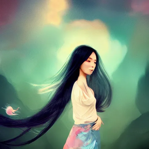 Image similar to a thin, pretty young Filipino woman with long hair floats in a dreamy world, very beautiful, inspiring, abstract digital art, trending on artstation