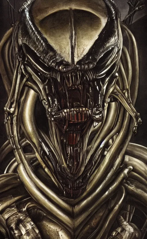 Image similar to portrait of xenomorph, hr giger, 8 k, fantasy, dark, highly detailed