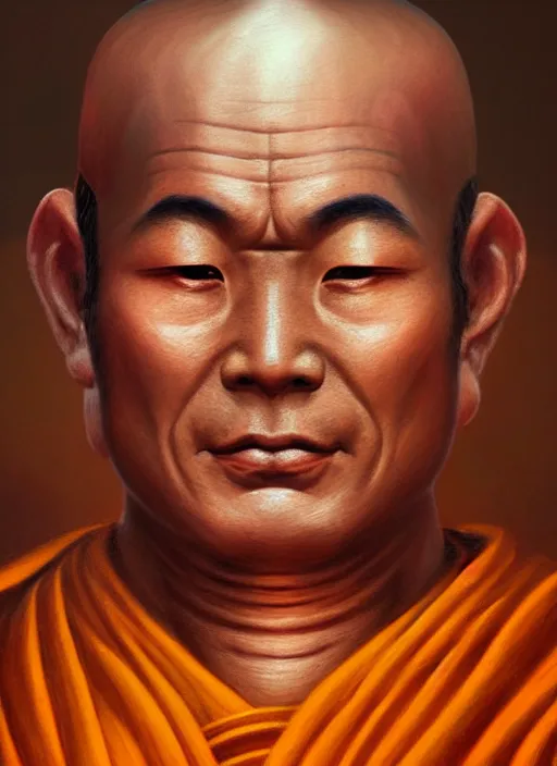 Image similar to smart tai buddhist monk, sukothai, closeup portrait, without eyebrows, historical hero, ethnic group, tai costume, intricate, elegant, loin cloth, highly detailed, oil painting, artstation, concept art, matte, sharp focus, illustration, hearthstone, art by earl norem