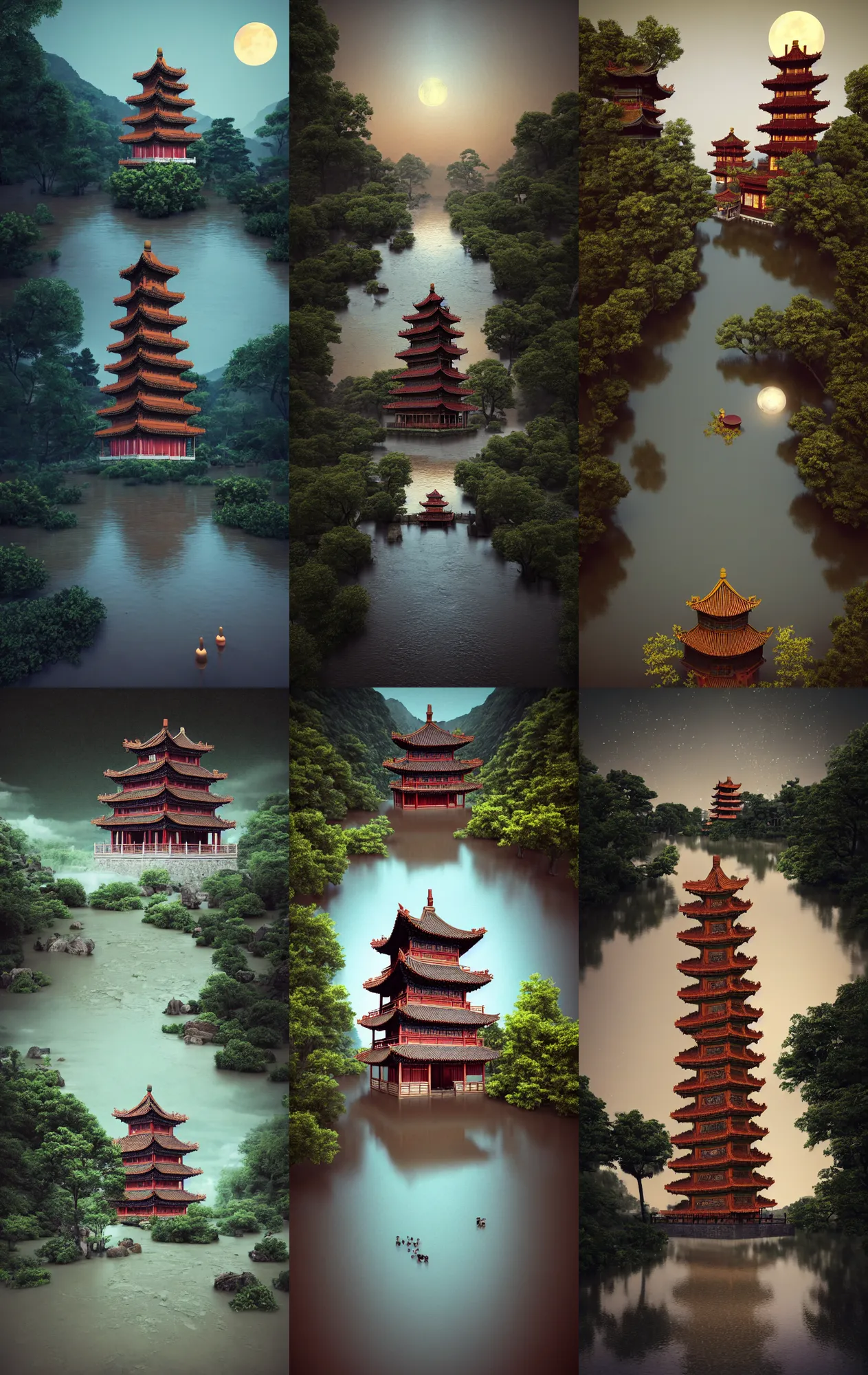 Prompt: kodak portra 4 0 0 photographic and realistic, ancien chinese tower, temple, night, moonlight, detailed, octane render, unreal engine, 4 k, artstation, hyper realistic, wide angle, floor flooded, how a river, objects that float, 3 5 mm, sharp focus, soft light, volumetric light, in the style of gregory crewdson