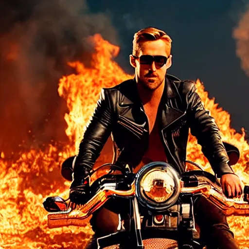 Prompt: An epic movie poster of Ryan Gosling playing Ghost Rider, with Ryan Gosling sitting on a motorcycle with flames and chains on a desert road fire balls. Sharp. HD. 4K. 8K