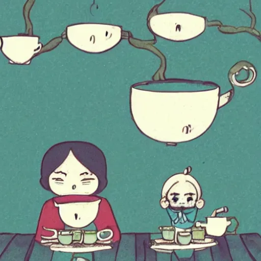 Image similar to tiny imaginary creatures having tea party inside a humans beard. in a style of hayao miyazaki.