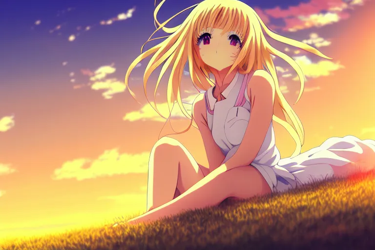 Prompt: anime art, anime key visual of elegant young female, blonde hair and large eyes, finely detailed perfect face, laying down in the grass at sunset, golden hour sunset lighting, background blur bokeh!!, trending on pixiv fanbox, studio ghibli, extremely high quality artwork - t