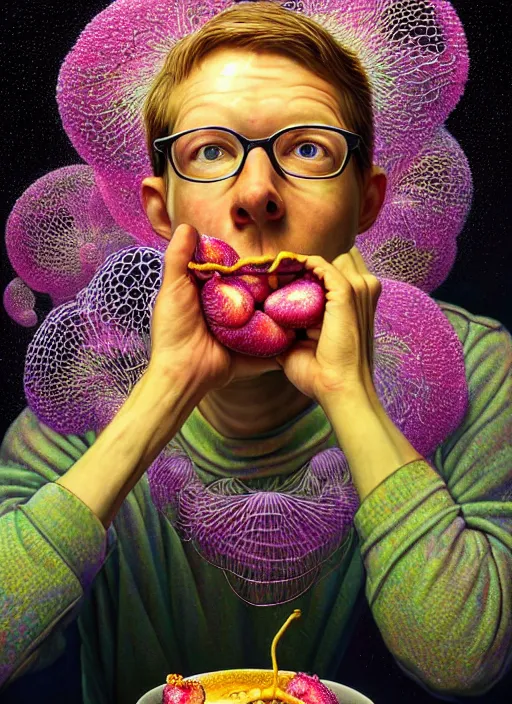 Image similar to hyper detailed 3d render like a Oil painting - friendly portrait of author Hank Green in Aurora (Singer) seen Eating of the Strangling network of yellowcake aerochrome and milky Fruit and Her delicate Hands hold of gossamer polyp blossoms bring iridescent fungal flowers whose spores black the foolish stars by Jacek Yerka, Mariusz Lewandowski, Houdini algorithmic generative render, Abstract brush strokes, Masterpiece, Edward Hopper and James Gilleard, Zdzislaw Beksinski, Wolfgang Lettl, hints of Yayoi Kasuma, octane render, 8k