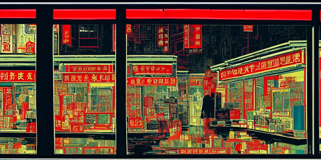 Prompt: a shop window in hong kong, by dan mumford and peter doig and edward hopper, minimal, black in, thick lines highly detailed, muted colours, overlaid with chinese adverts, 8 k