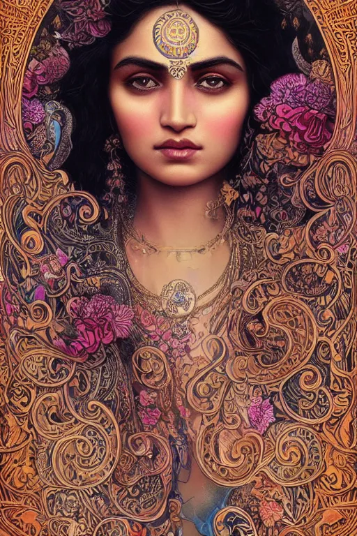 Prompt: a stunning ultradetailed illustration of an indian woman with epic wavy hair surrounded by paisleys and art nouveau floral patterns, by vania zouravilov and tom bagshaw, deep depth of field, studio lighting, golden ratio composition, 3 5 mm lens, very detailed, 8 k, artstation