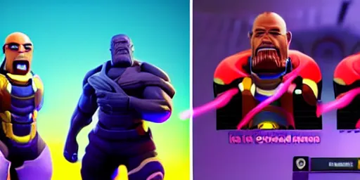 Image similar to president obama vs thanos in fortnite, cinematic, dramatic, unreal engine,