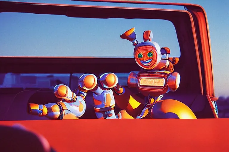 Image similar to robot clown relaxing at a california drive in, in 1 9 8 2, cutecore clowncore, bathed in the the glow of the sunset, low - light photograph, in style of tyler mitchell