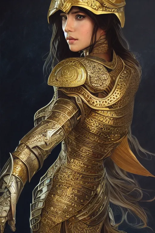 Prompt: a full body portrait of an attractive young female, ornate metallic helmet, intricate battle armor, olive skin, long dark hair, beautiful bone structure, intricate, elegant, highly detailed, digital painting, artstation, concept art, smooth, sharp focus, illustration, art by artgerm and greg rutkowski and alphonse mucha