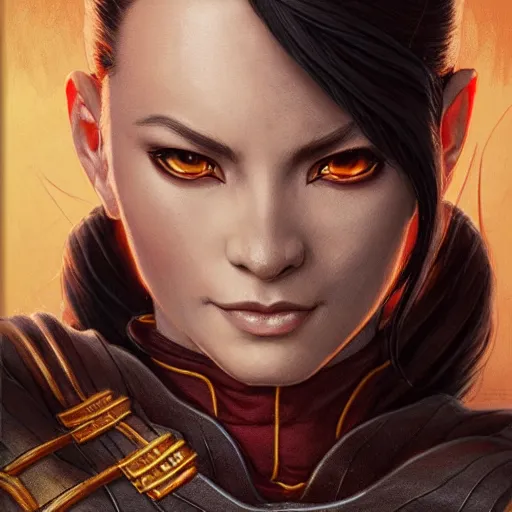 Image similar to Portrait of Azula wearing skintight black leather armor, Avatar the Last Airbender, Dungeons and Dragons, Lord of the Rings, intricate, elegant, highly detailed, digital painting, artstation, concept art, smooth, sharp focus, illustration, art by artgerm and greg rutkowski and alphonse mucha and andrei riabovitchev