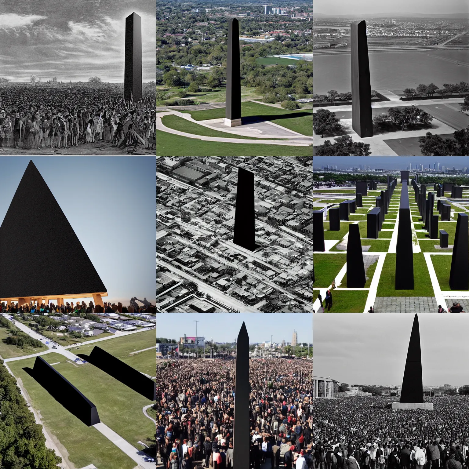 Prompt: gigantic rectangular black obelisk a crowd of millions