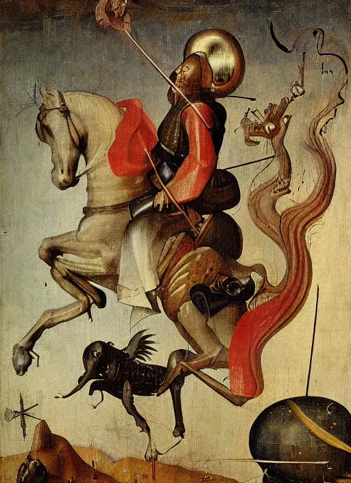 Prompt: st george and the dragon painted by hieronymus bosch, detailed digital art, trending on Artstation