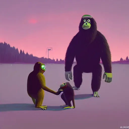 Prompt: ape teaching pepe, trying to learn, by simon stalenhag