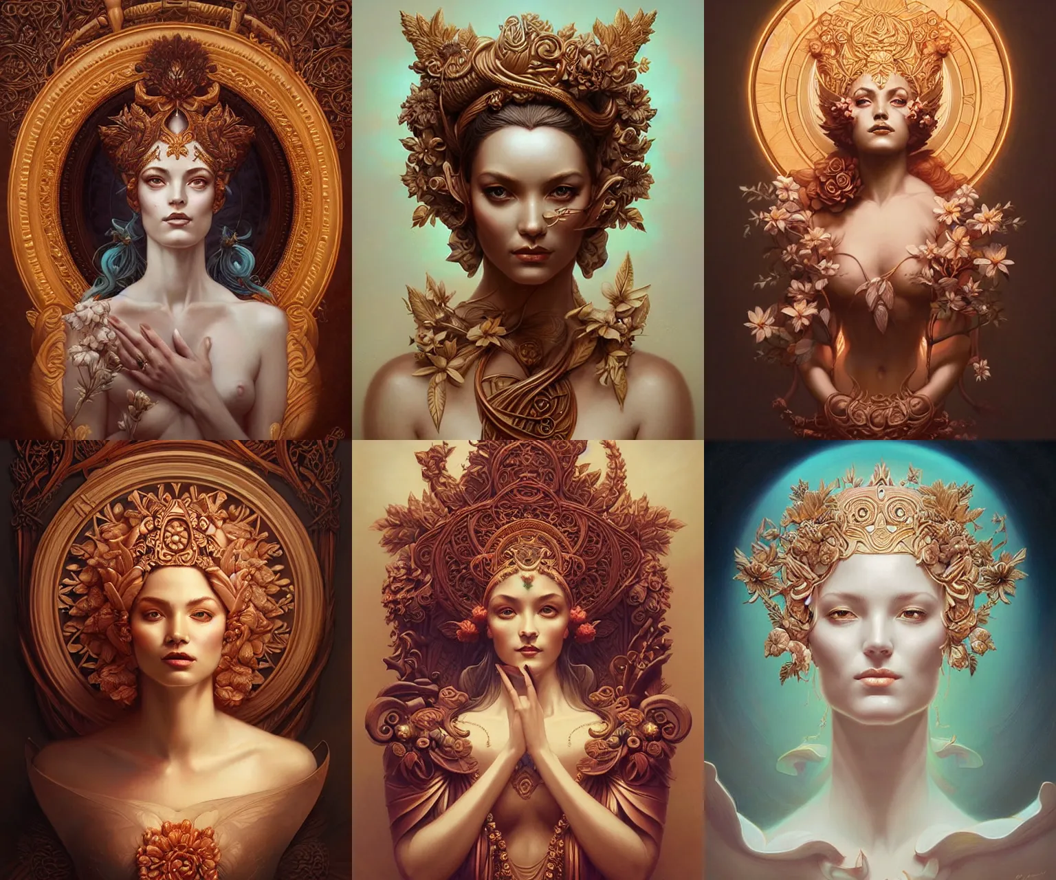 Prompt: goddess portrait, artgerm, intricately carved mahogany with gilding, floral bloom carvings, radiant lighting, 3 d, peter mohrbacher