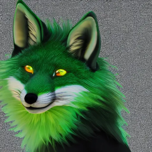 Prompt: close up of photorealistic green fox with green fur and glowing magenta eyes, wearing a black hoodie