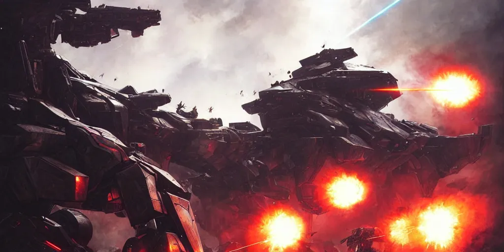 Image similar to an armored core v on the ground, booster flares, legs, laser rifles, karst landscape ; cinematic contrast, dynamic backlighting, sharp edge, motion blur, art by greg rutkowski