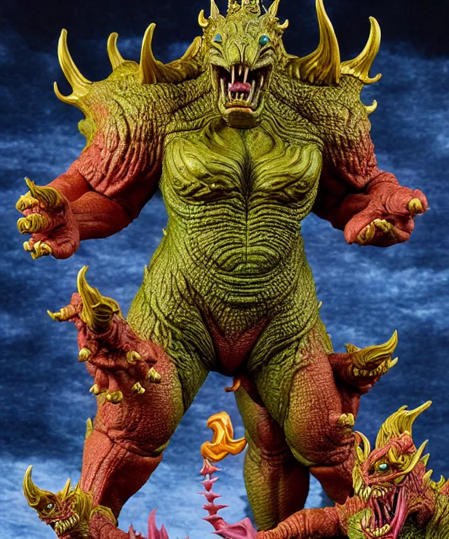 Prompt: a hyperrealistic rendering of an epic boss fight against an ornate king emporer kaiju beast god by art of skinner and richard corben, product photography, collectible action figure, sofubi