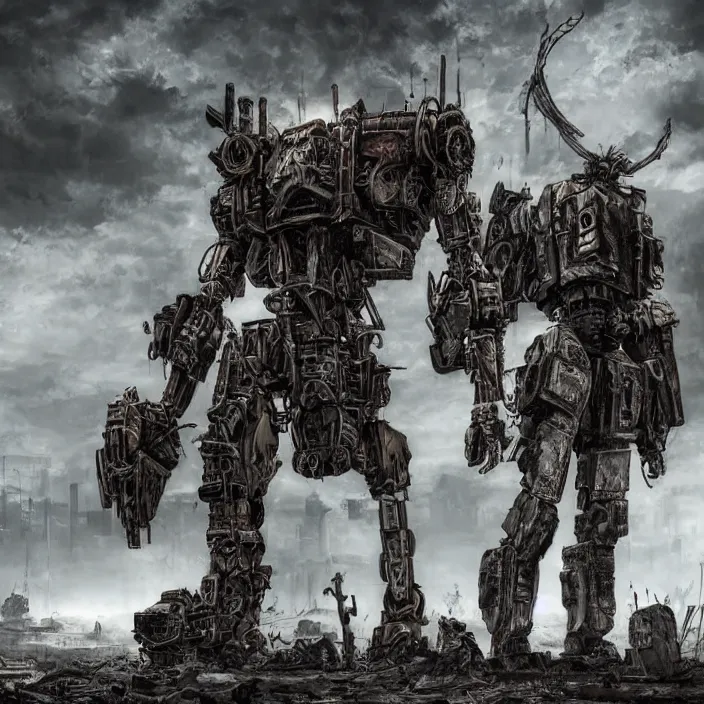 Image similar to gritty apocalyptic scene of human standing next to mech - warrior, hyper - detailed, sharp focus, 4 k ultra hd, fantasy dark art, apocalyptic art