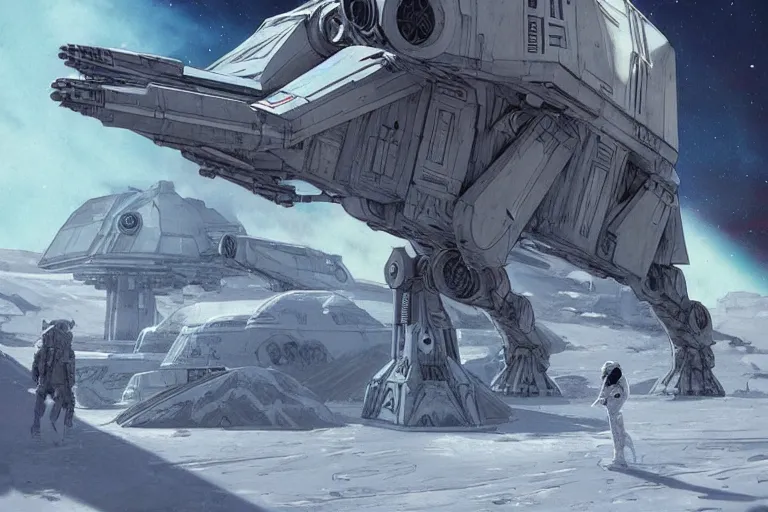 Image similar to comic book illustration, star wars AT-AT on hoth, cyberpunk concept art by artgerm and Alphonse Mucha and Moebius, highly detailed, intricate, sci-fi, sharp focus, Trending on Artstation HQ, deviantart