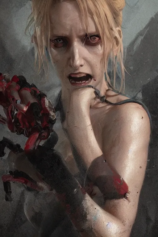 Prompt: a portrait of a scary Harleen Quinzell by Greg Rutkowski, Sung Choi, Mitchell Mohrhauser, Maciej Kuciara, Johnson Ting, Maxim Verehin, Peter Konig, final fantasy , mythical, 8k photorealistic, cinematic lighting, HD, high details, atmospheric,