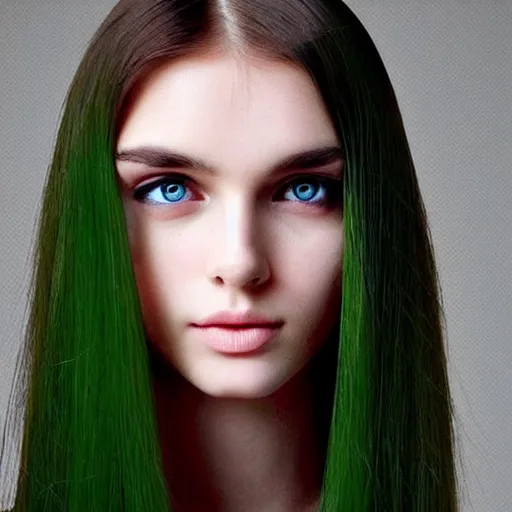 Prompt: add long straight hair to photo, very pretty model, heart shaped face, green eyes