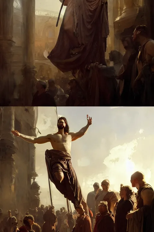Prompt: beautiful oil painting portrait of ancient roman god emperor steve buscemi hovering in the air wearing the civic crown levitating and ascending in stations of the cross pose, art by anders zorn, wonderful masterpiece by greg rutkowski, expressive brush strokes, beautiful cinematic light, american romanticism by greg manchess, jessica rossier