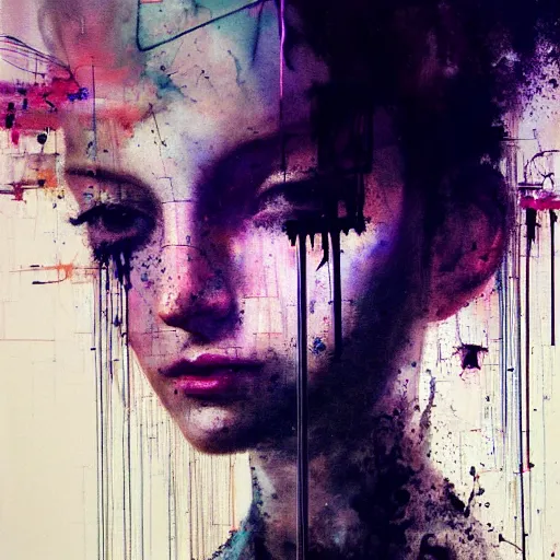 Image similar to portrait of a beautiful young woman cyber dreamer glitchcore wires, machines, by jeremy mann, francis bacon and agnes cecile, and dave mckean ink drips, paint smears, digital glitches glitchart