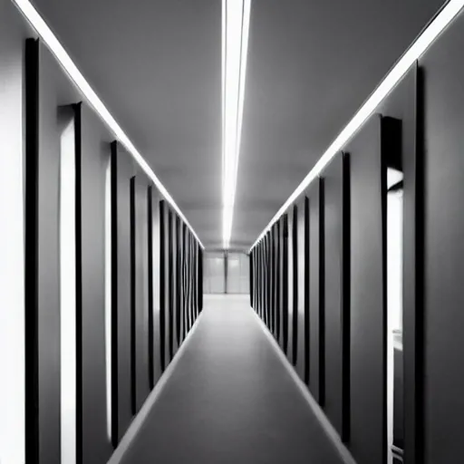 Image similar to a dark room with an infinity of numbered doors.