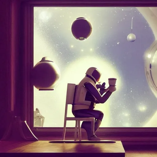 Image similar to a single cosmonaut in a spacesuit drinks a steaming cup of tea at wooden desk in a sci-fi space station. :: by beeple and James Gilleard and Justin Gerard :: the autumn light comes in through a window and dimly illuminates the room. intricate, elegant, highly detailed, trending on artstation, smooth, sharp focus, octane render!!!