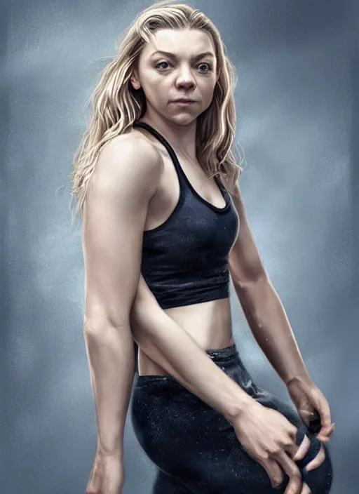 Image similar to full length photo of a very sweaty Natalie Dormer in a wet tanktop in the style of stefan kostic, full extremely slim body, not realistic, sharp focus, 8k high definition, insanely detailed, intricate, elegant, art by stanley lau and artgerm