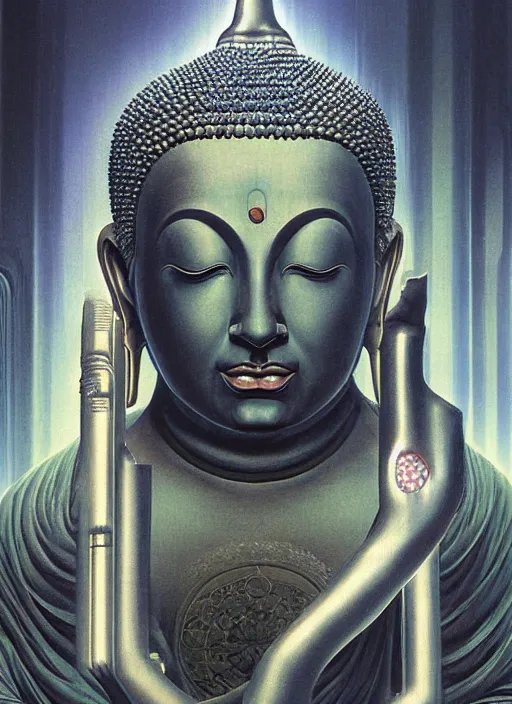 Prompt: a beautiful matte painting portrait of the cyberpunk buddha, by wayne barlowe