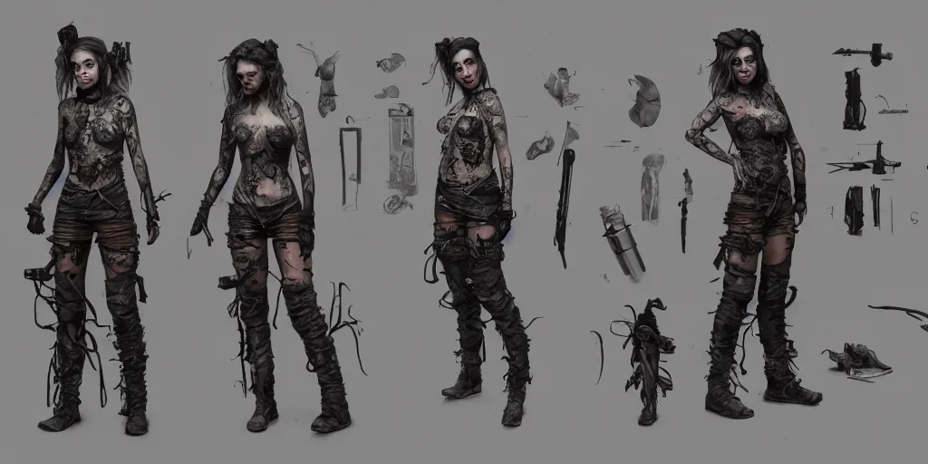 Image similar to anne winters as a tattooed post apocalyptic wanderer, character sheet, concept design, contrast, hot toys, kim jung gi, greg rutkowski, zabrocki, karlkka, jayison devadas, trending on artstation, 8 k, ultra wide angle, pincushion lens effect