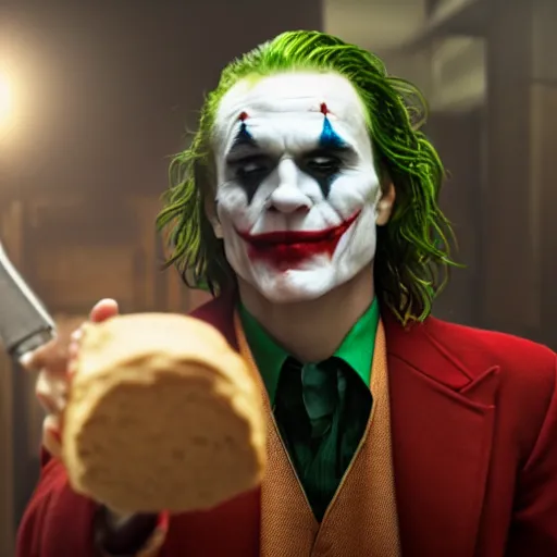 Prompt: cinematic shot of the joker holding a gun and a baking powder biscuit, 8 k, very detailed, very intricate,