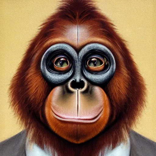 Image similar to portrait painting of an anthropomorphized orangutan, wearing a monocle and a small bowler hat, oversized mustache. dark outlining style. highly detailed. trending on artstation. slightly surreal, hyper realistic. style of chuck u