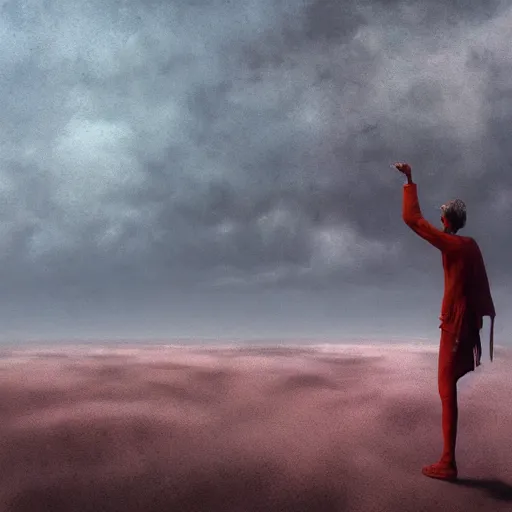 Image similar to man screaming at the bloody sky, digital art, redshift render, Beksinski style