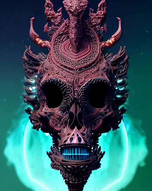 Prompt: 3 d ornate carved dark cosmic horse with profile portrait, sigma 5 0 0 mm f / 5. beautiful intricate highly detailed quetzalcoatl skull. bioluminescent, plasma, lava, ice, water, wind, creature, thunderstorm! artwork by tooth wu and wlop and beeple and greg rutkowski, 8 k trending on artstation