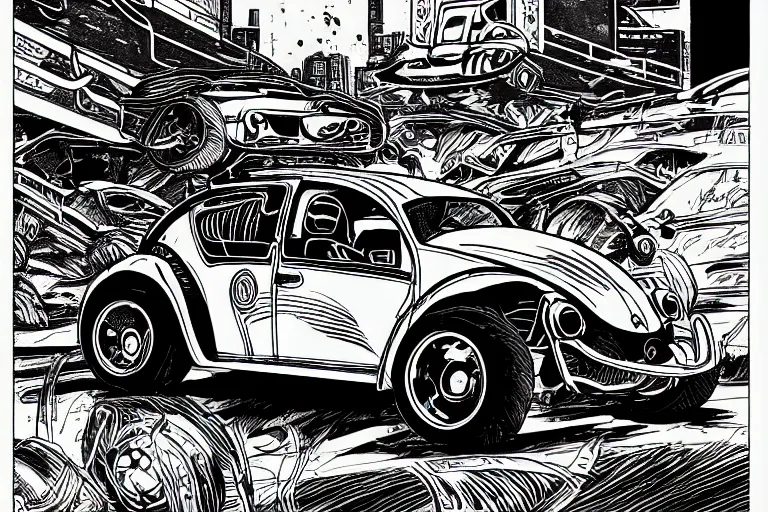 Image similar to vw beetle dune buggy, a page from cyberpunk 2 0 2 0, style of paolo parente, style of mike jackson, adam smasher, johnny silverhand, 1 9 9 0 s comic book style, white background, ink drawing, black and white