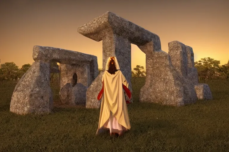 Image similar to Ġgantija megalithic temple complex malta priestess woman performing ritual at night druid fantasy art 3d render