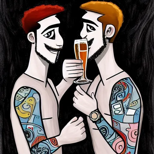 Image similar to two beautiful chad men drinking beers, !!!hearts!!!, friendship, love, sadness, dark ambiance, concept by Godfrey Blow, featured on deviantart, drawing, sots art, lyco art, artwork, photoillustration, poster art