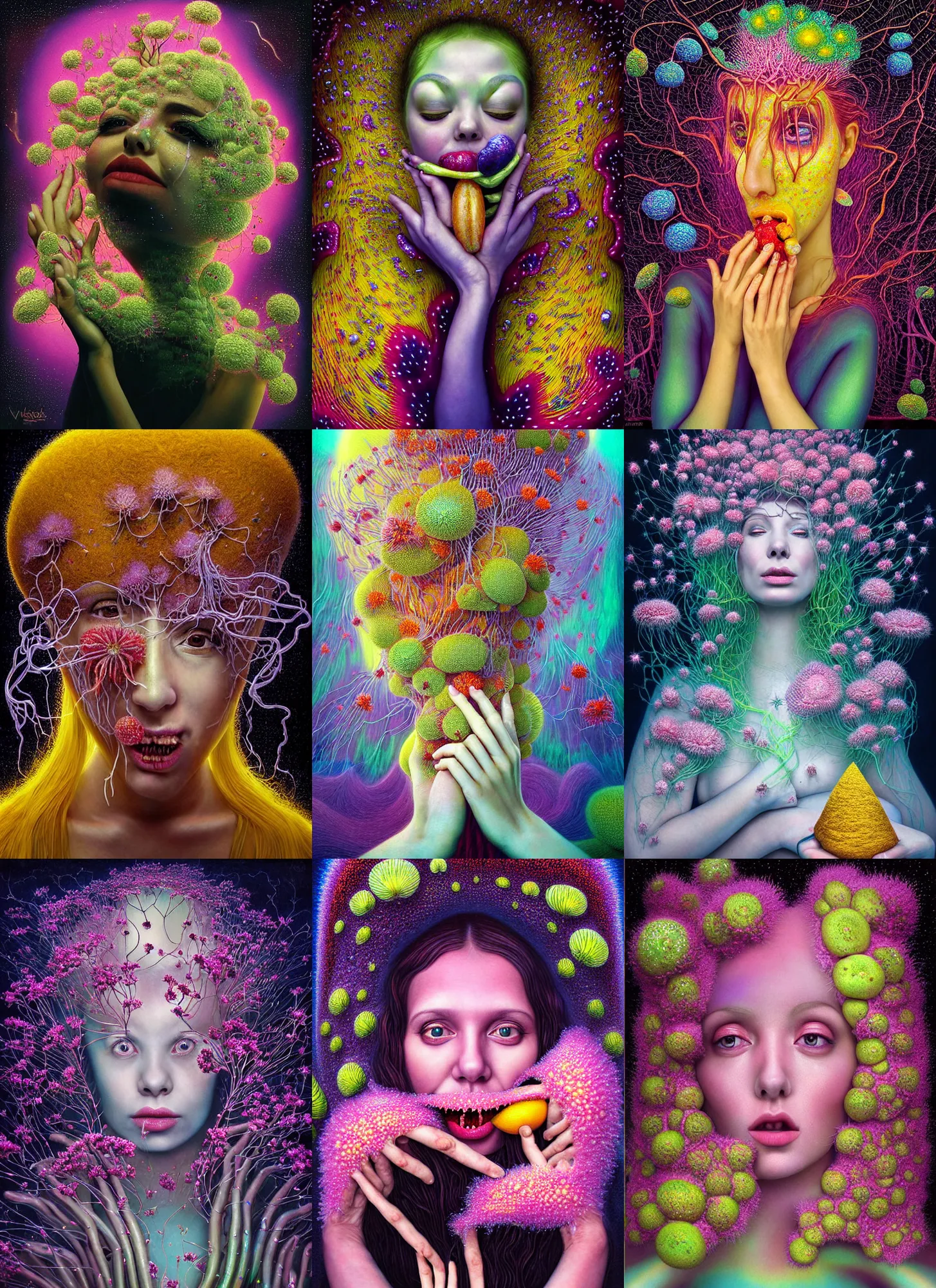 Prompt: hyper detailed 3d render like a chiariscuro Oil painting - Aurora (Singer) looking adorable and seen joyfully Eating of the Strangling network of yellowcake aerochrome and milky Fruit and Her delicate Hands hold of gossamer polyp blossoms bring iridescent fungal flowers whose spores black the foolish stars to her smirking mouth by Jacek Yerka, Mariusz Lewandowski, Houdini algorithmic generative render, Abstract brush strokes, Masterpiece, Edward Hopper and James Gilleard, Zdzislaw Beksinski, Mark Ryden, Wolfgang Lettl, hints of Yayoi Kasuma, octane render, 8k