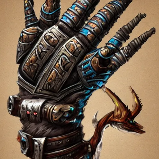 Prompt: warrior Gauntlet fist, war theme gauntlet fist, fantasy gauntlet of warrior, armored gauntlet fingers, fiery coloring, epic fantasy style art, fantasy epic digital art, epic fantasy weapon art