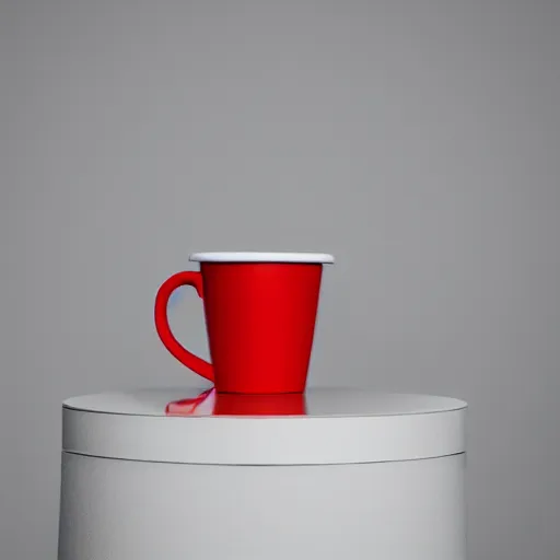 Prompt: an ultra high definition professional studio quality photograph of a red cup on a white plinth in an empty white room, a mobile phone is on top of plinth in the centre of the photograph. three point light.