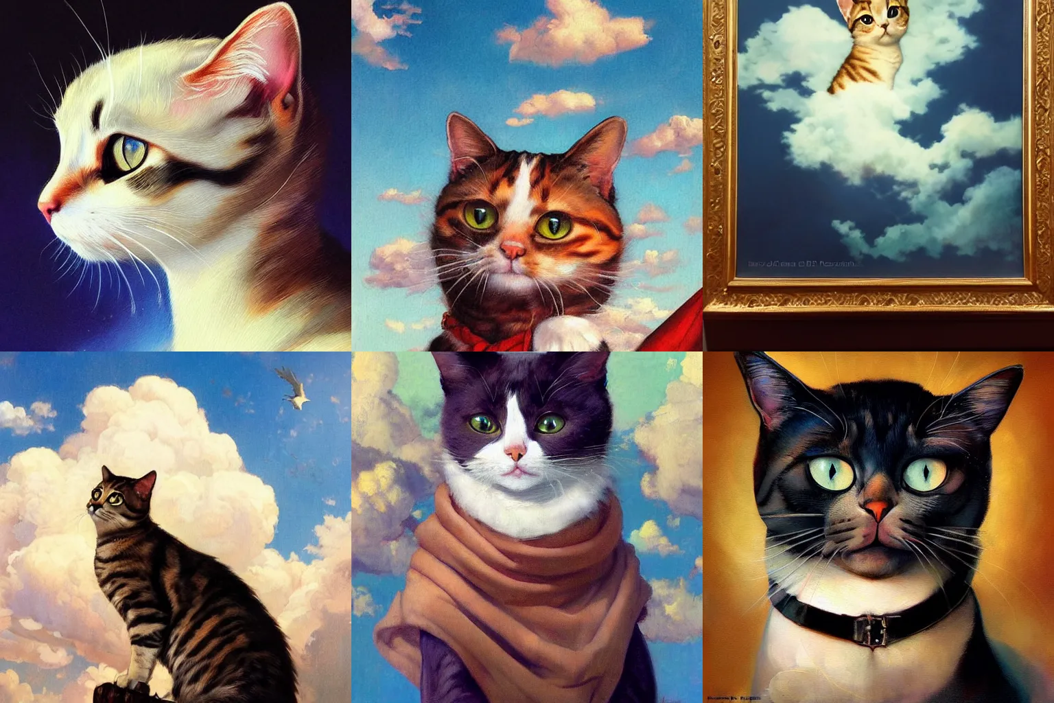 Prompt: A painting of a cat under the sky, by (Ross Tran, Norman Rockwell, Leonardo da Vinci), beautiful clouds, strong facial features, Trending on Artstation